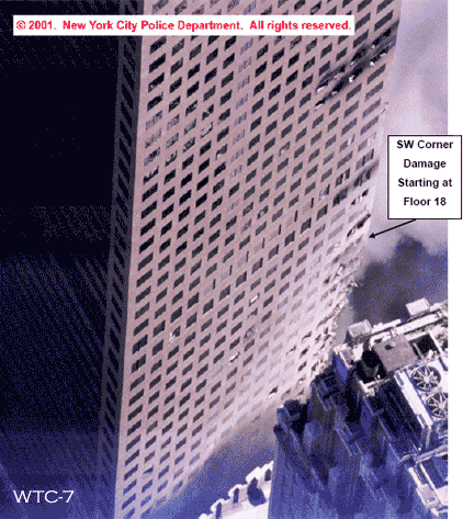 Zuidwesthoek WTC-7 met schade